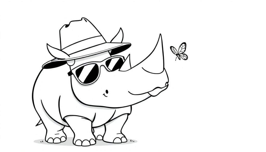Disegno da colorare di un rinoceronte con cappello e occhiali da sole che osserva una farfalla.