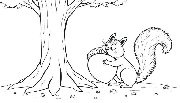 Disegno da colorare di uno scoiattolo che tiene una grande ghianda vicino a un albero con ghiande più piccole intorno.