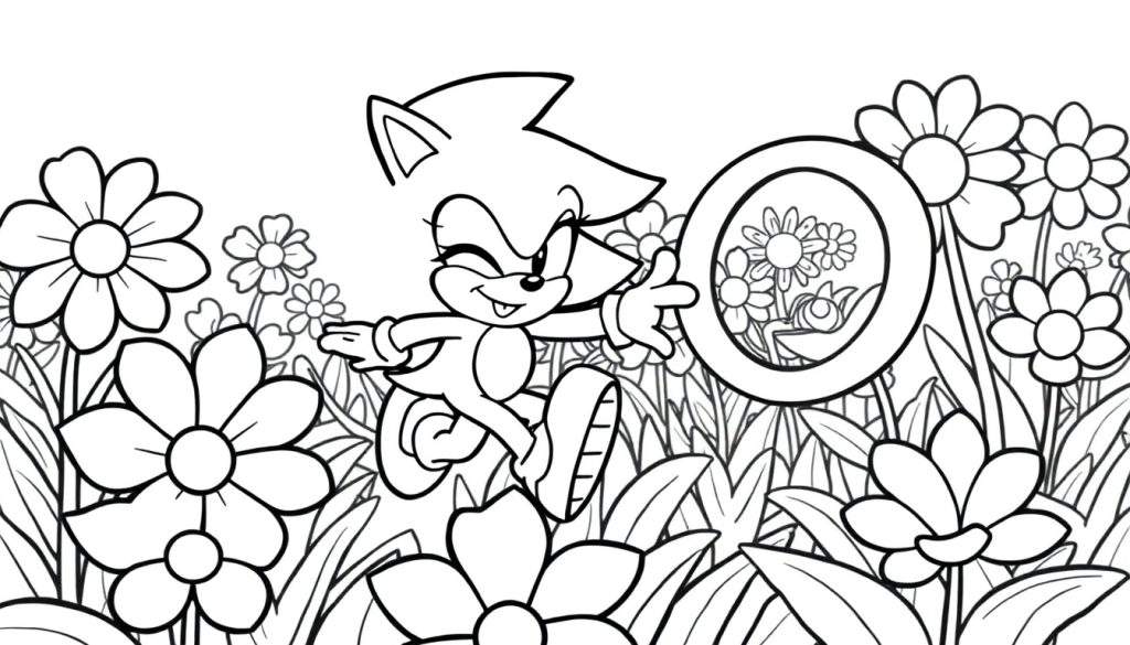 Personaggio simile a Sonic the Hedgehog che salta felice in un prato pieno di fiori colorati, tenendo un anello dorato.