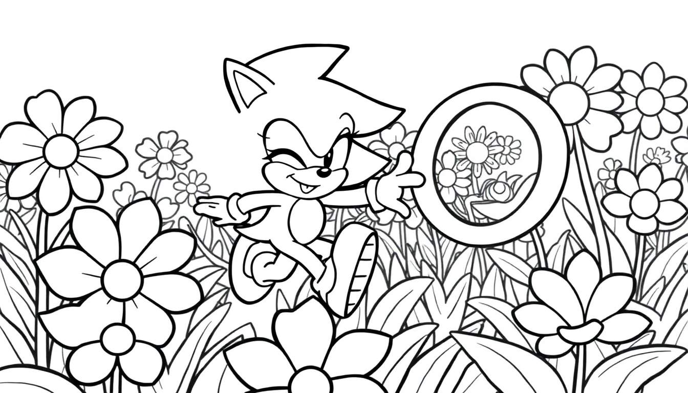Personaggio simile a Sonic the Hedgehog che salta felice in un prato pieno di fiori colorati, tenendo un anello dorato.