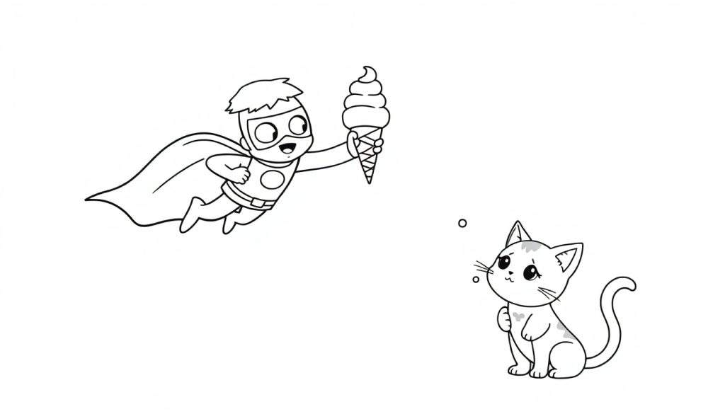 Disegno da colorare di un supereroe che vola con un cono gelato e un gatto che lo guarda desideroso.