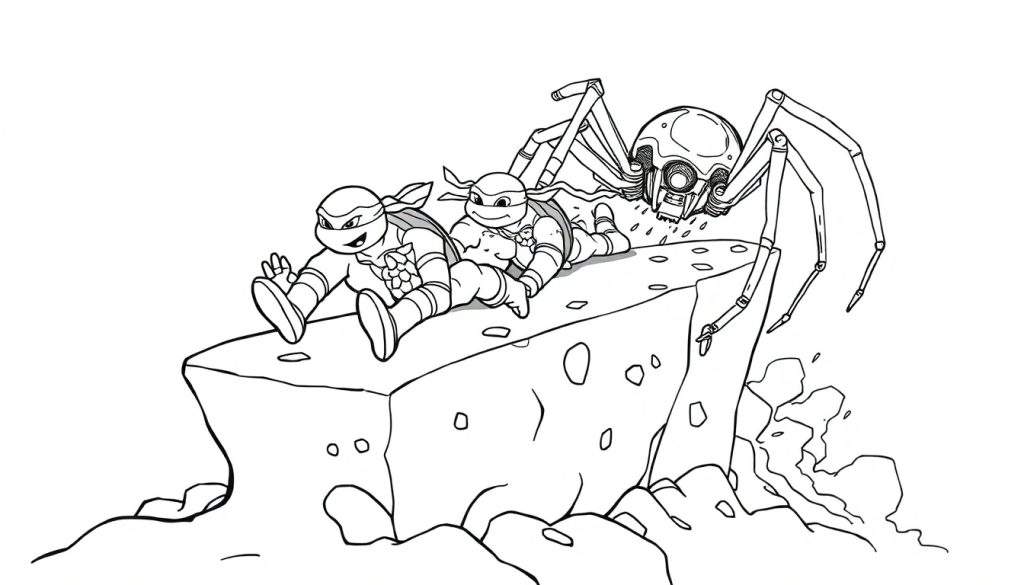 Disegno a tratto di tre figure simili alle Tartarughe Ninja sedute su una roccia, con un robot ragno stilizzato alle loro spalle. Immagine in bianco e nero adatta da colorare.