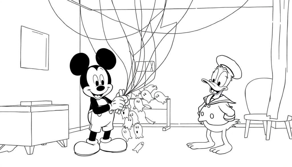 Disegno da colorare di Topolino con palloncini a forma di fantasma e Paperino sorpreso in una stanza addobbata per Halloween.