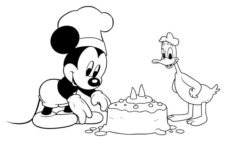 Disegno da colorare di Topolino e Paperino con una torta, Topolino con cappello da chef.