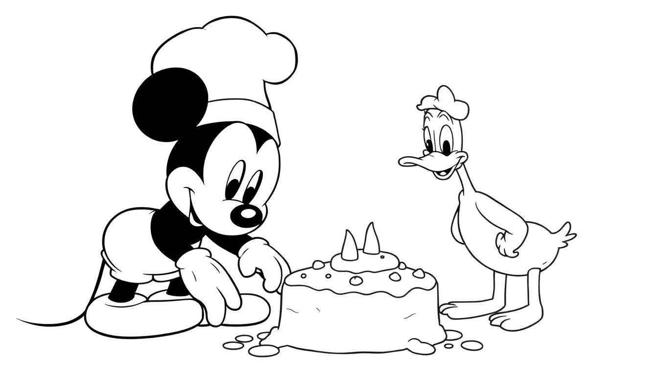 Disegno da colorare di Topolino e Paperino con una torta, Topolino con cappello da chef.