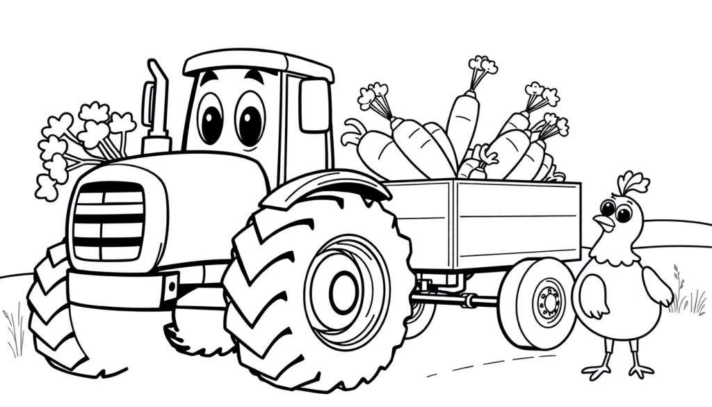 Disegno da colorare di un trattore animato con un carretto di carote e una gallina in una fattoria.
