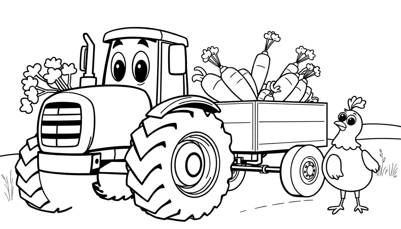 Disegno da colorare di un trattore animato con un carretto di carote e una gallina in una fattoria.