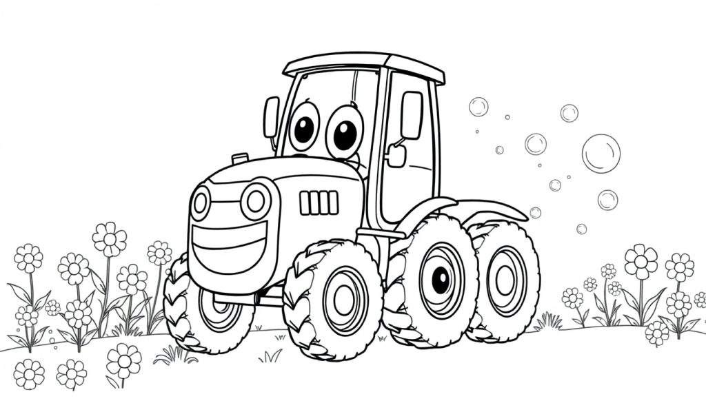 Disegno da colorare di un trattore a fumetti sorridente in un prato fiorito con bolle.