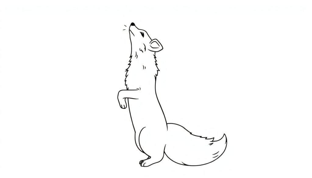 Disegno in bianco e nero di una volpe stilizzata in piedi sulle zampe posteriori, che guarda in alto, con collo lungo e coda folta.