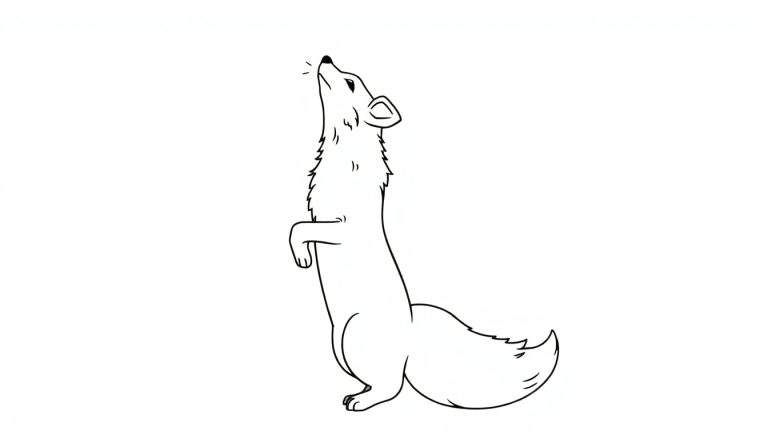 Disegno in bianco e nero di una volpe stilizzata in piedi sulle zampe posteriori, che guarda in alto, con collo lungo e coda folta.