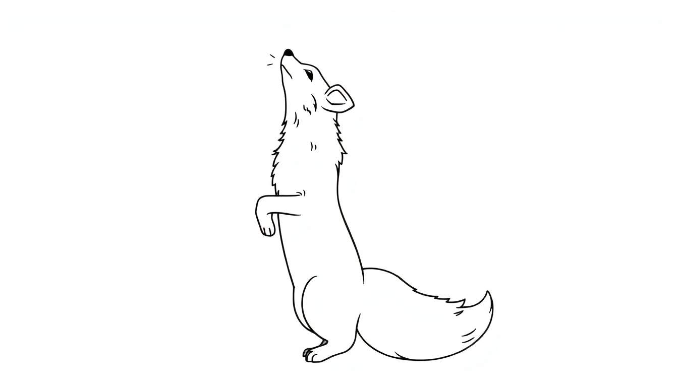 Disegno in bianco e nero di una volpe stilizzata in piedi sulle zampe posteriori, che guarda in alto, con collo lungo e coda folta.