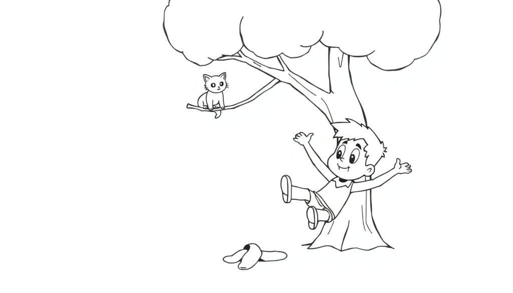 Disegno a linea nera di un bambino gioioso seduto su un ramo di un albero, con un gatto su un altro ramo e bucce di banana per terra.