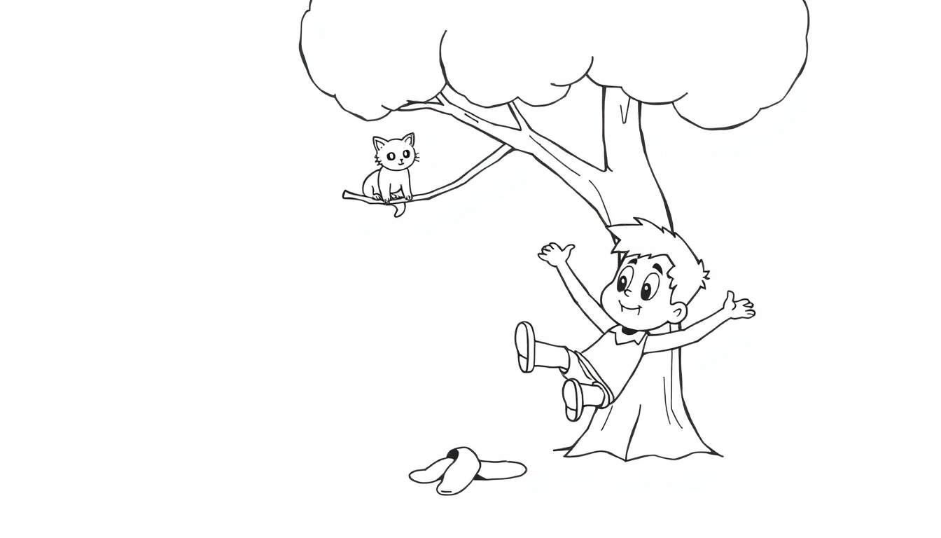 Disegno a linea nera di un bambino gioioso seduto su un ramo di un albero, con un gatto su un altro ramo e bucce di banana per terra.