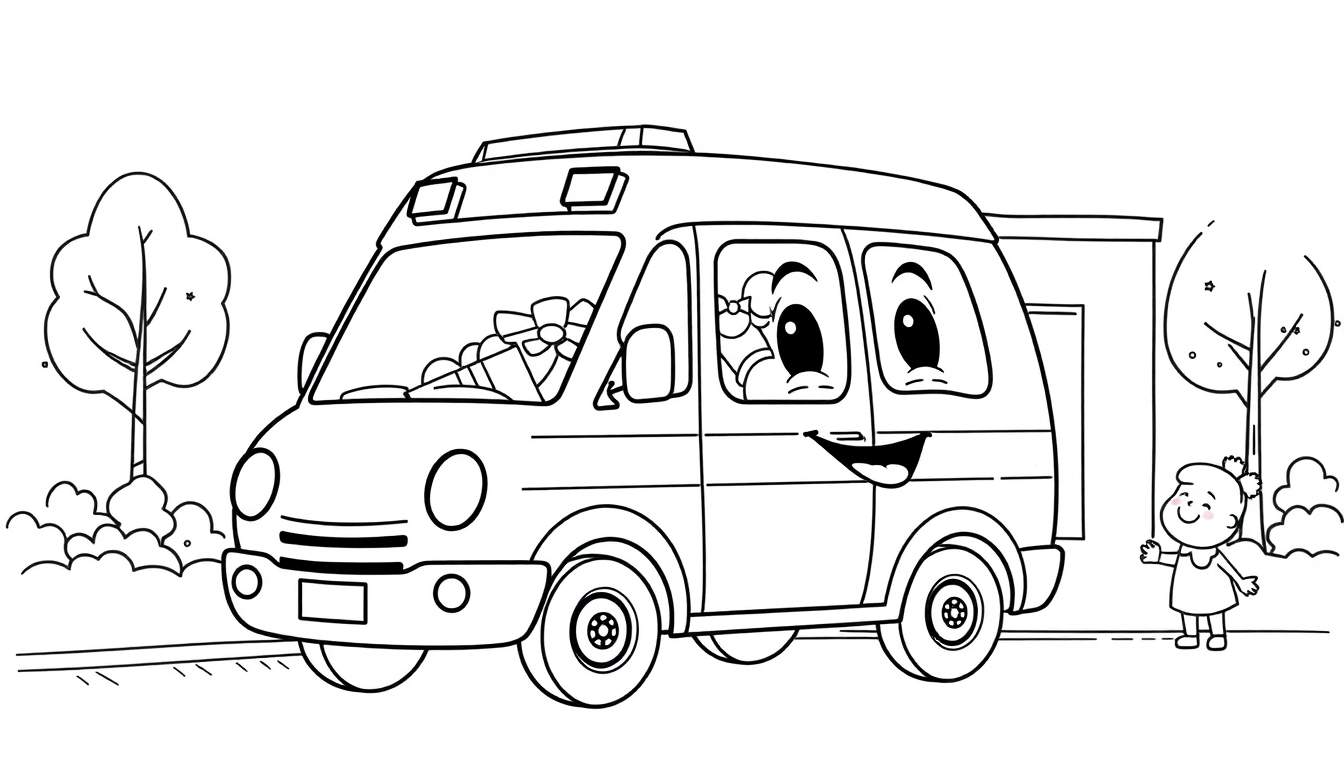 Disegno da colorare di un'ambulanza sorridente con fiori, un personaggio femminile con fiocco e una bambina che saluta, alberi e una casetta sullo sfondo.