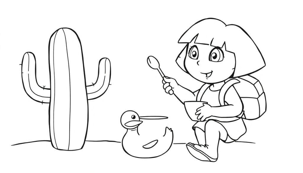 Disegno a linea di una bambina seduta con zaino, ciotola e cucchiaio, vicino a un cactus e un papero di gomma.