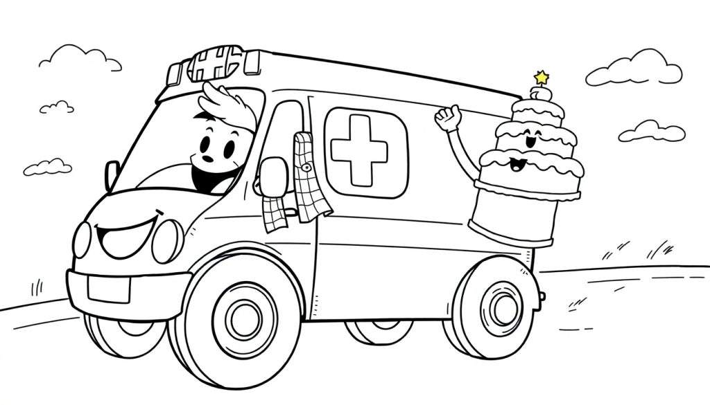 Disegno a linea di un'ambulanza cartoonesca con un volto sorridente e un dolce a tre piani appollaiato in cima, con nuvole e linee di movimento sullo sfondo.