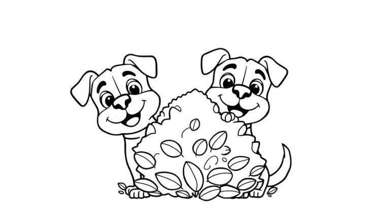 Disegno a tratto di due cani che guardano fuori da un cespuglio di foglie verdi.