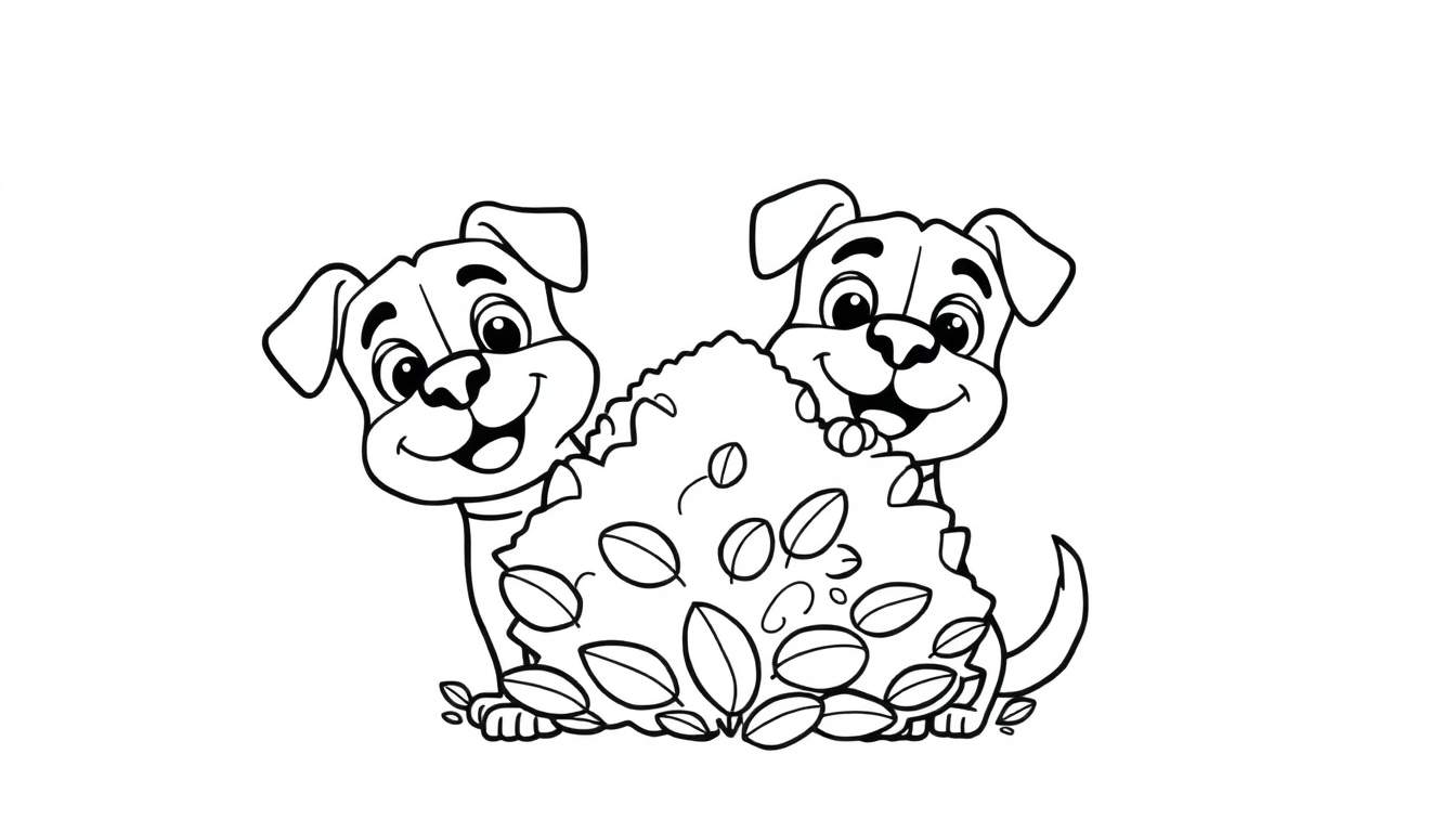 Disegno a tratto di due cani che guardano fuori da un cespuglio di foglie verdi.