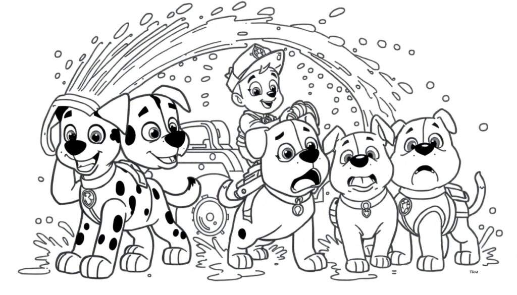 Disegno da colorare di cani bagnati da acqua e un bambino pompiere al volante.