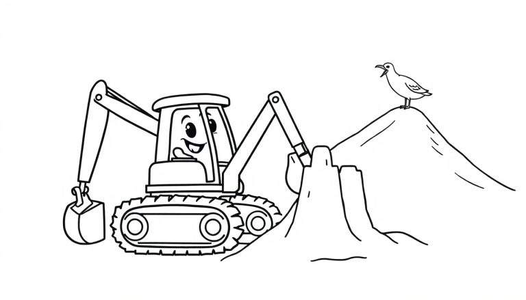 Disegno a linea di un escavatore sorridente che lavora su un cumulo di terra, con un uccellino su una collina.