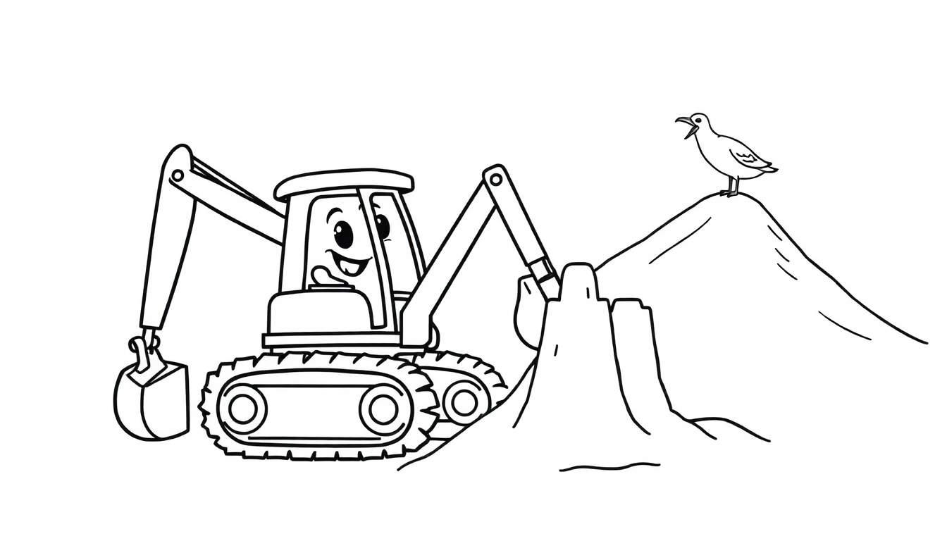 Disegno a linea di un escavatore sorridente che lavora su un cumulo di terra, con un uccellino su una collina.