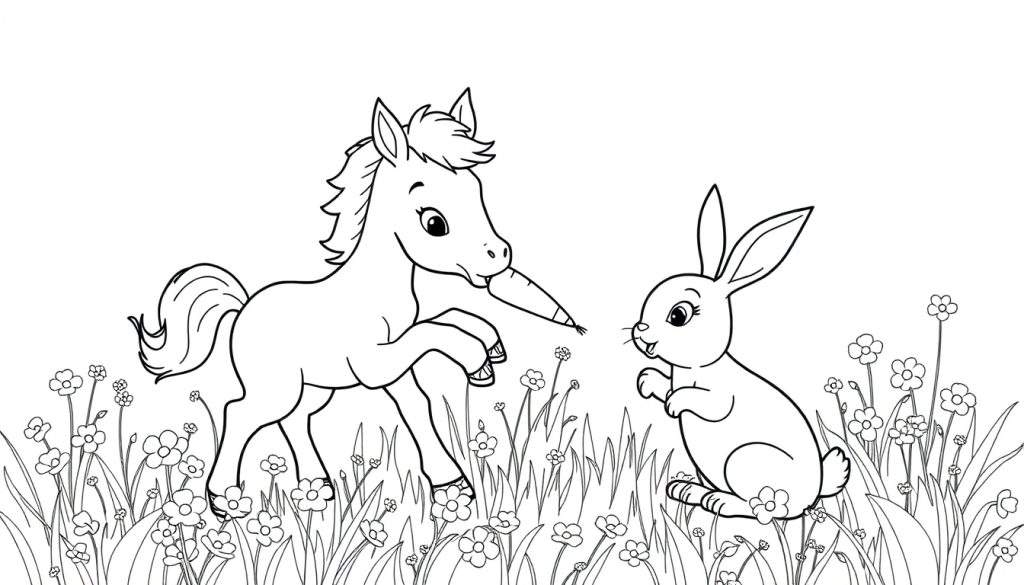 Disegno al tratto di un puledro e un coniglietto in un prato fiorito, il puledro mangia una carota.