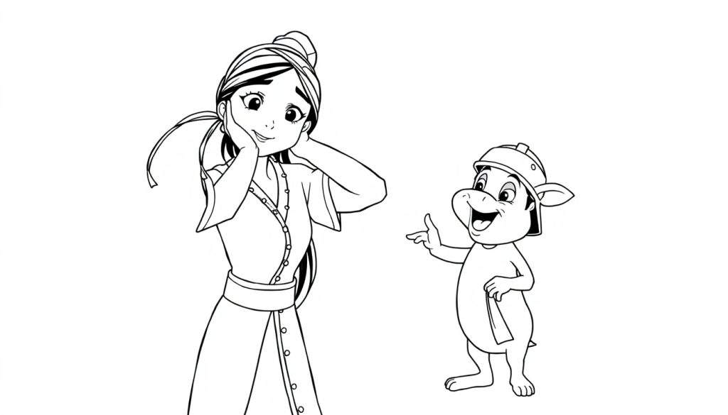 Disegno da colorare di una ragazza sorpresa con i capelli elaborati e una creatura simile a un tappiro con cappello da soldato che parla e tiene un foglio.