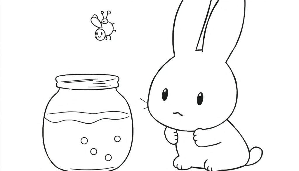 Disegno da colorare di un coniglietto, una piccola ape e un barattolo con bolle.