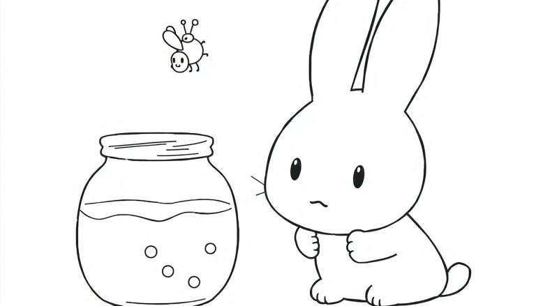 Disegno da colorare di un coniglietto, una piccola ape e un barattolo con bolle.
