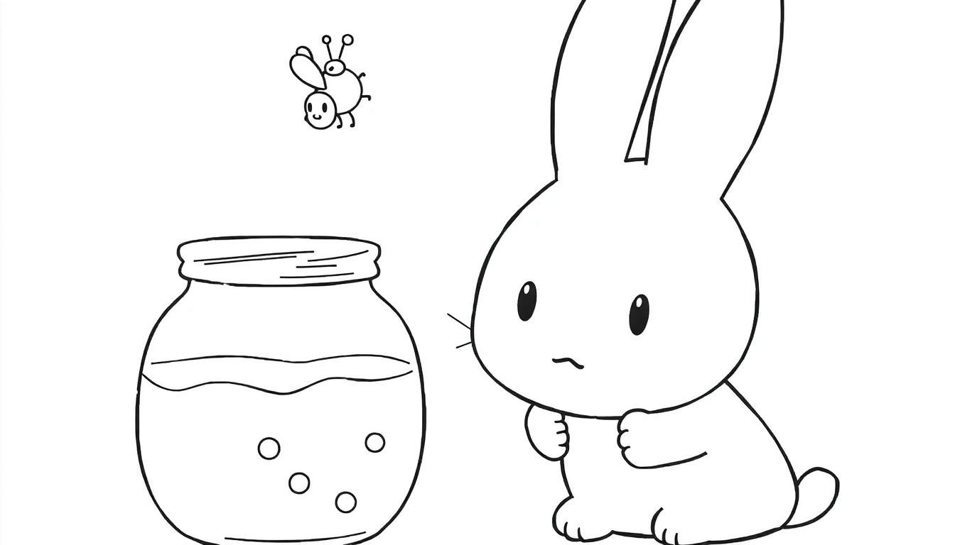 Disegno da colorare di un coniglietto, una piccola ape e un barattolo con bolle.