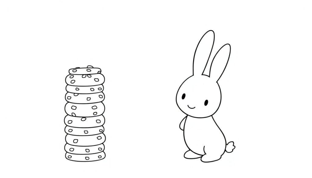 Disegno da colorare di un coniglietto bianco in stile cartone animato che guarda una pila di biscotti con gocce di cioccolato.
