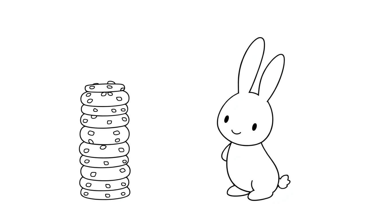 Disegno da colorare di un coniglietto bianco in stile cartone animato che guarda una pila di biscotti con gocce di cioccolato.