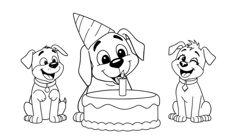 Disegno in bianco e nero di tre cuccioli di cane che celebrano un compleanno. Un cucciolo centrale ha un cappello da festa e una candela accesa su una torta, mentre altri due cuccioli gioiosi lo osservano.