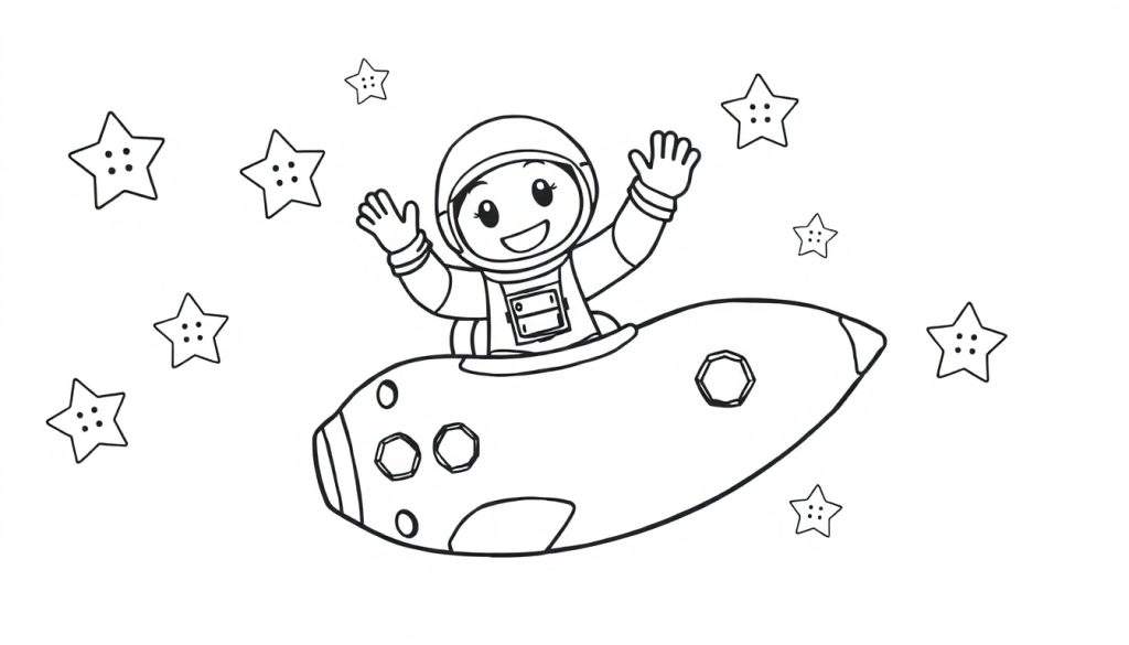 Disegno da colorare in bianco e nero di un astronauta con un grande sorriso e braccia alzate, seduto su un razzo appuntito con finestre esagonali, circondato da stelle.