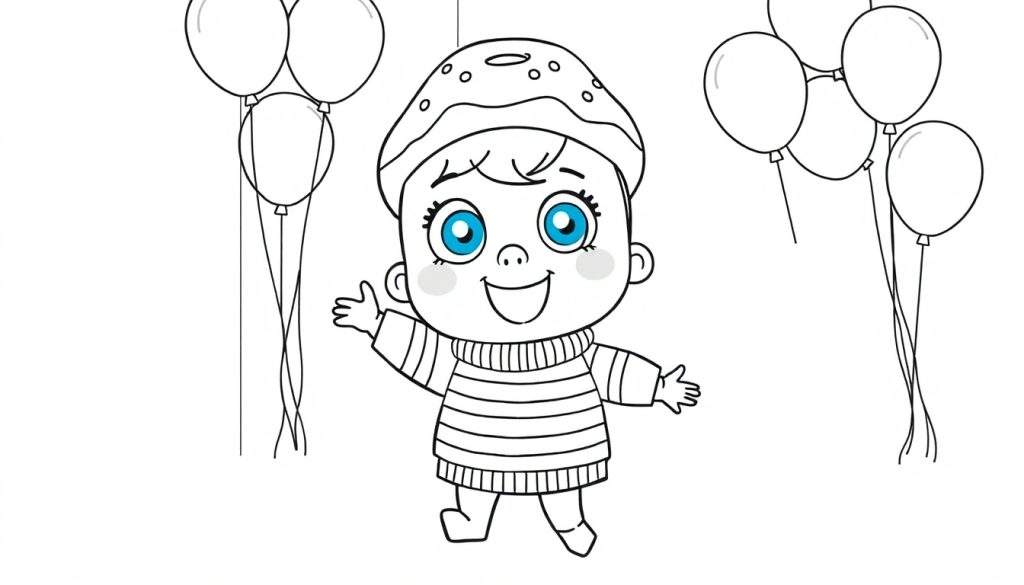 Disegno da colorare di un bambino sorridente con cappello a ciambella, maglione a righe e palloncini sullo sfondo.