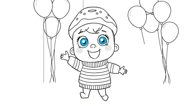 Disegno da colorare di un bambino sorridente con cappello a ciambella, maglione a righe e palloncini sullo sfondo.