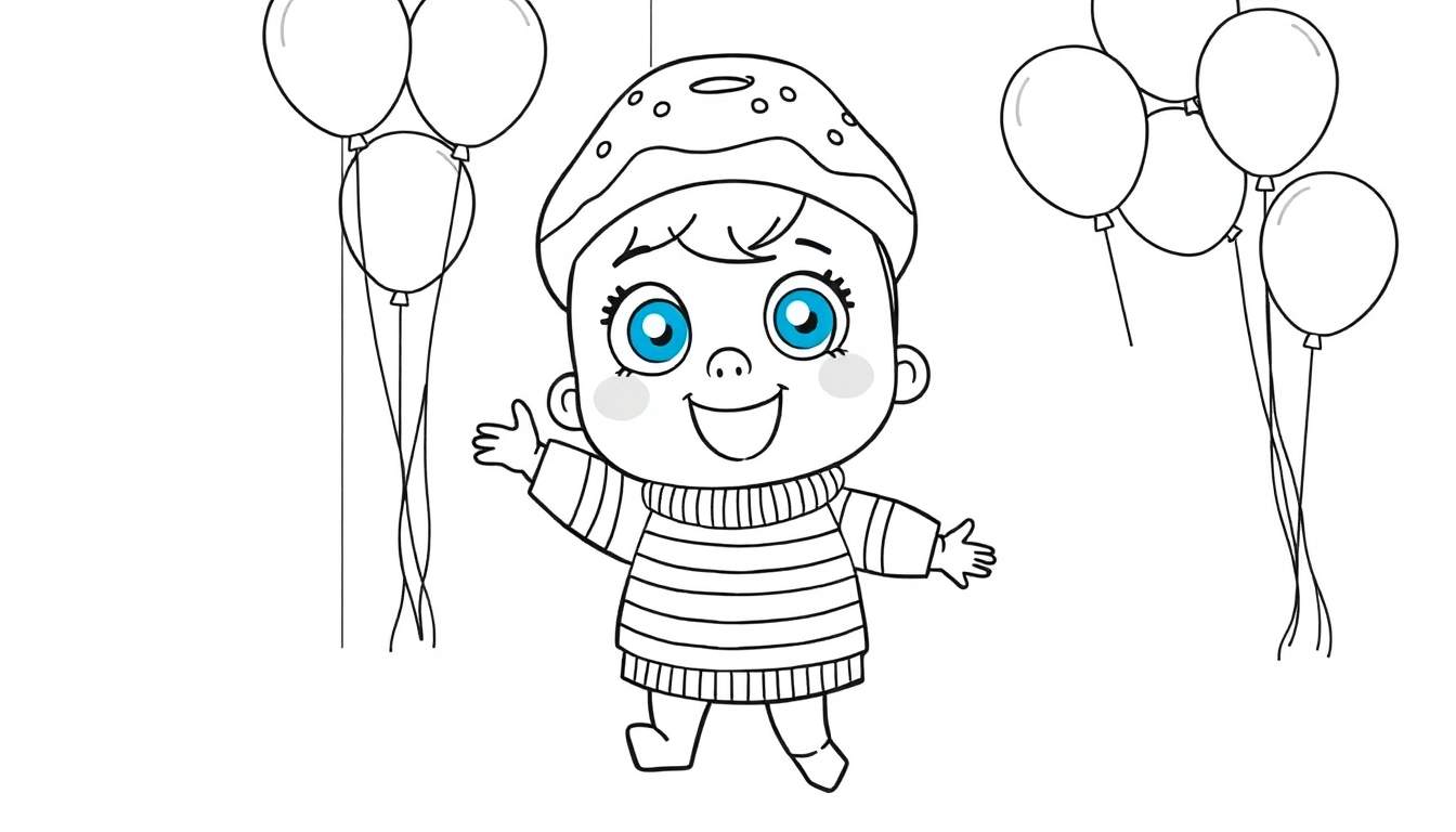 Disegno da colorare di un bambino sorridente con cappello a ciambella, maglione a righe e palloncini sullo sfondo.