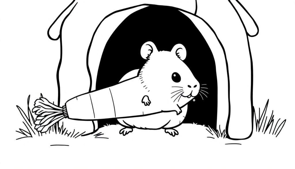 Disegno da colorare di un criceto sorridente che tiene una carota.