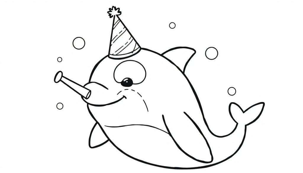 Disegno per bambini di un delfino con cappello a righe e trombino, circondato da bolle, pronto per essere colorato.