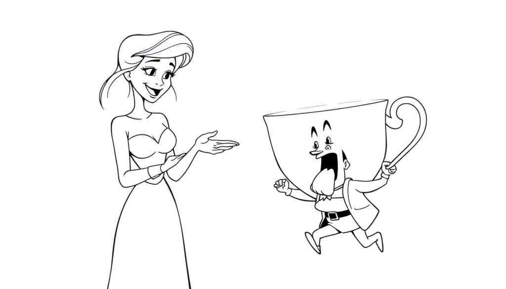 Disegno da colorare di una donna stilizzata sorridente e una tazza da tè animata con un bastone, in stile cartone animato.