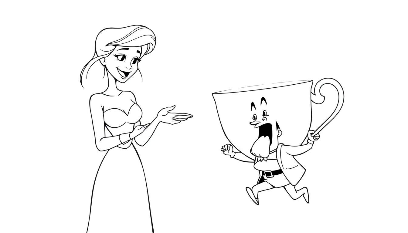 Disegno da colorare di una donna stilizzata sorridente e una tazza da tè animata con un bastone, in stile cartone animato.