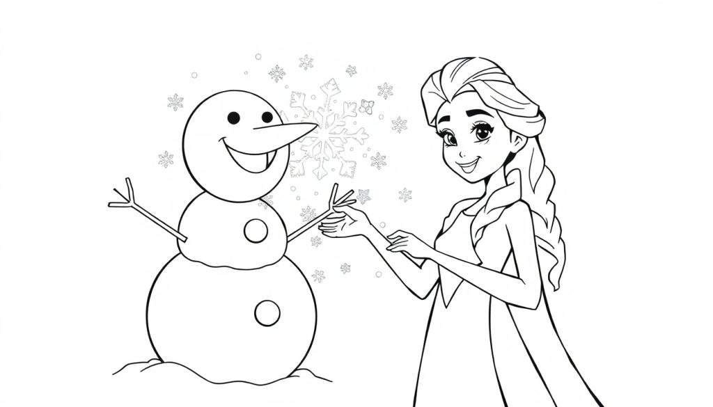 Disegno da colorare di Elsa che manipola la neve con un fiocco di neve gigante e Olaf felice che gioca accanto a loro.