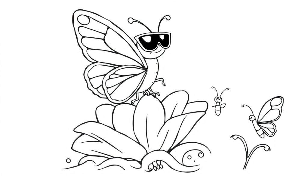 Disegno in bianco e nero per bambini di una grande farfalla con occhiali da sole sorridente su un fiore, con due piccoli insetti e erba stilizzata. Ideale come pagina da colorare.