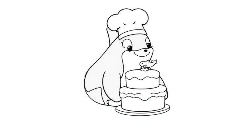 Disegno da colorare di una foca chef con un cappello da cuoco che decora una torta a due piani con un pesce in cima.