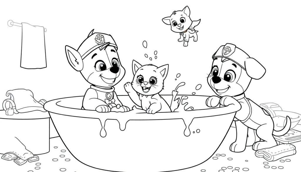 Disegno in bianco e nero di cuccioli dei Paw Patrol (Marshall, Rubble, Skye) e un gattino che fanno il bagno.