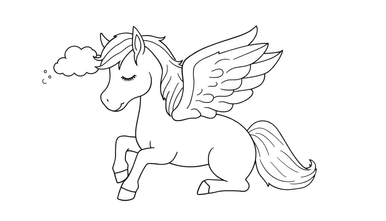 Disegno da colorare di un cavallo alato (Pegaso) accovacciato con ali spiegate e una nuvola di sogni sopra la testa.