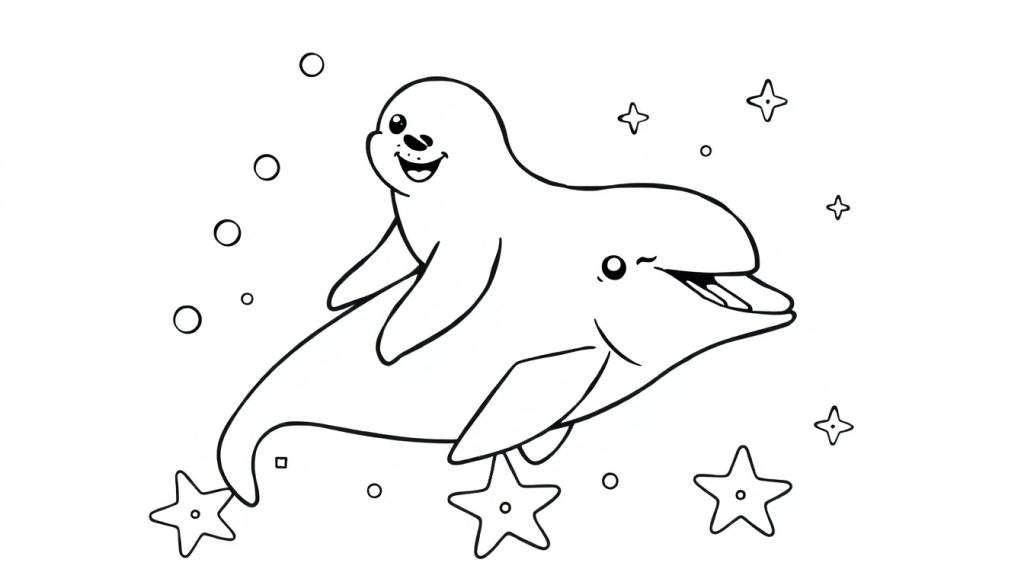 Disegno da colorare di un delfino e una foca che nuotano felicemente, circondati da bollicine e stelle marine.