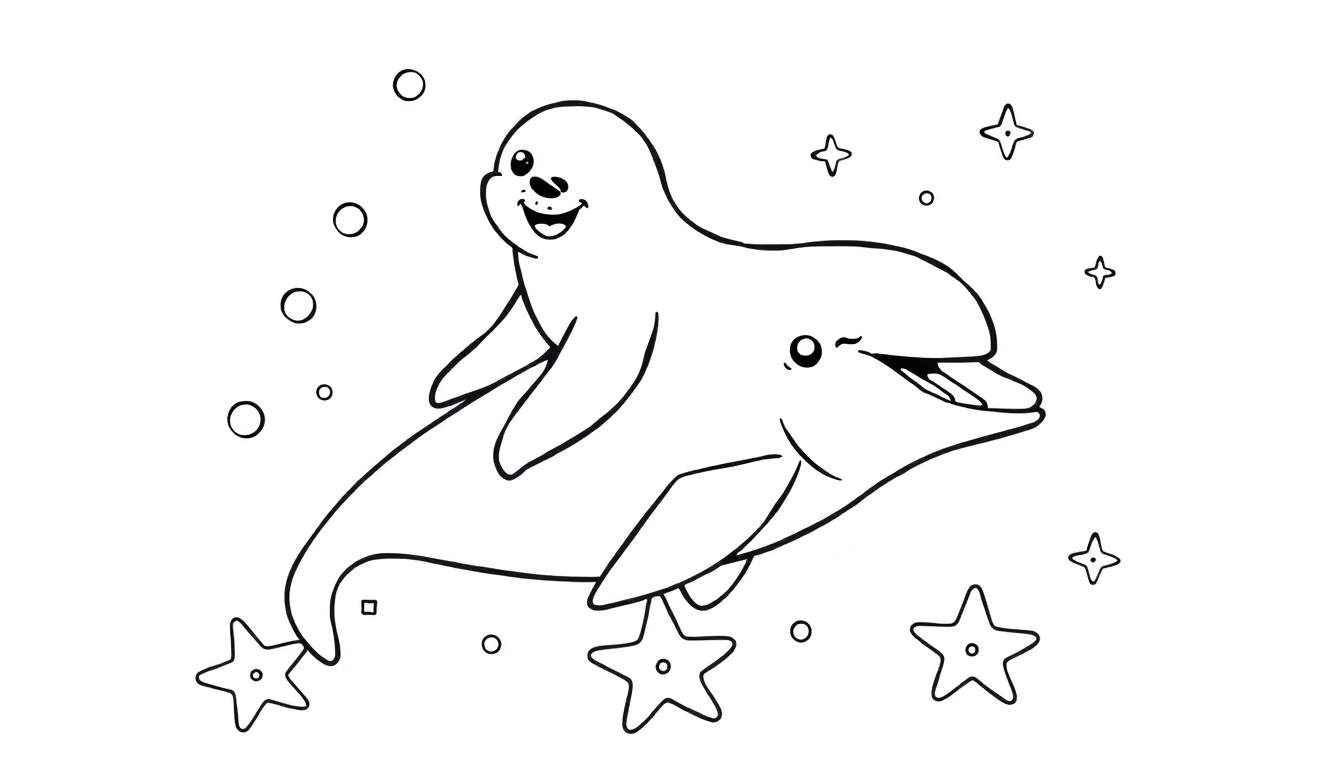 Disegno da colorare di un delfino e una foca che nuotano felicemente, circondati da bollicine e stelle marine.