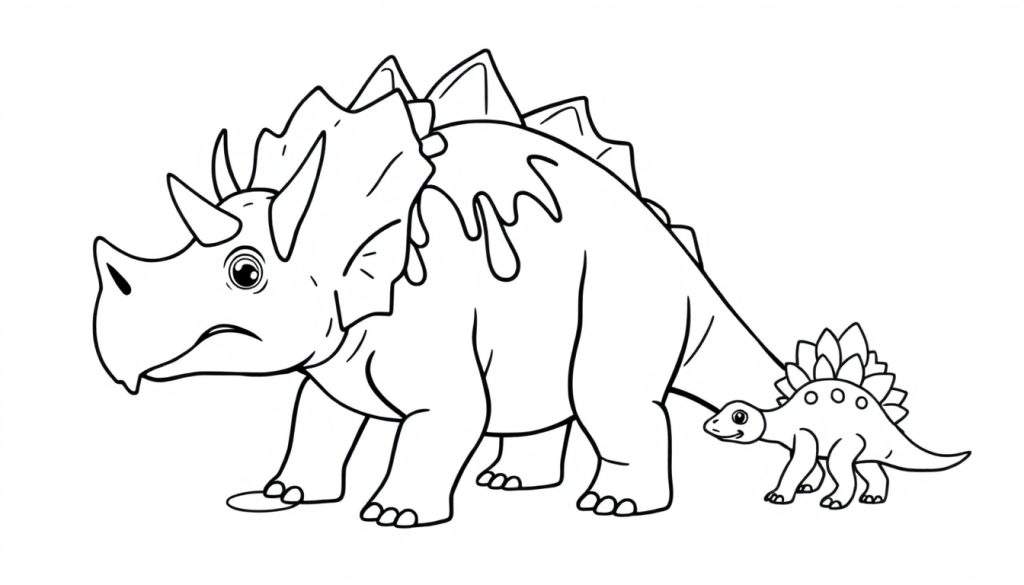Disegno a linea nera di un Triceratopo grande e uno Stegosauro piccolo su sfondo bianco, pronto per essere colorato.