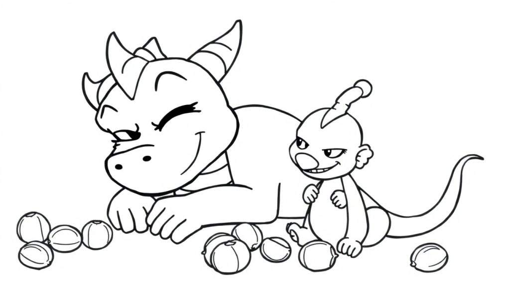 Disegno da colorare di un drago gigante addormentato e un piccolo folletto che giocano con palline colorate.